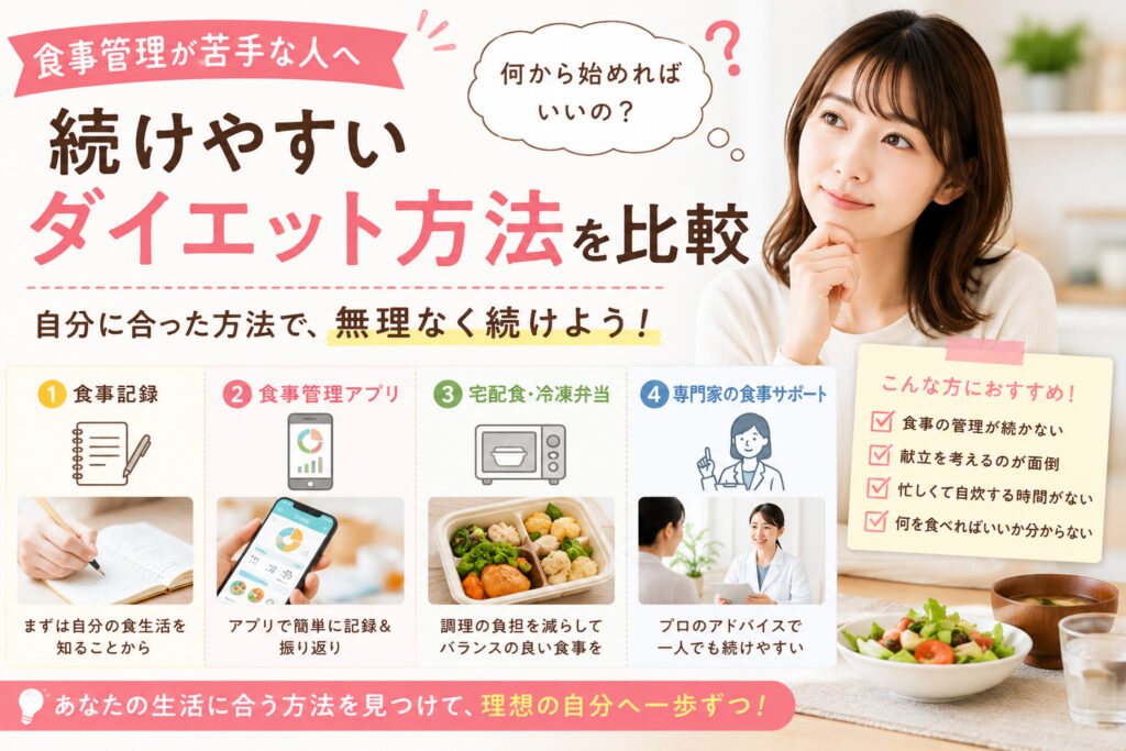 食事管理が苦手な人向けの続けやすいダイエット方法4つを比較