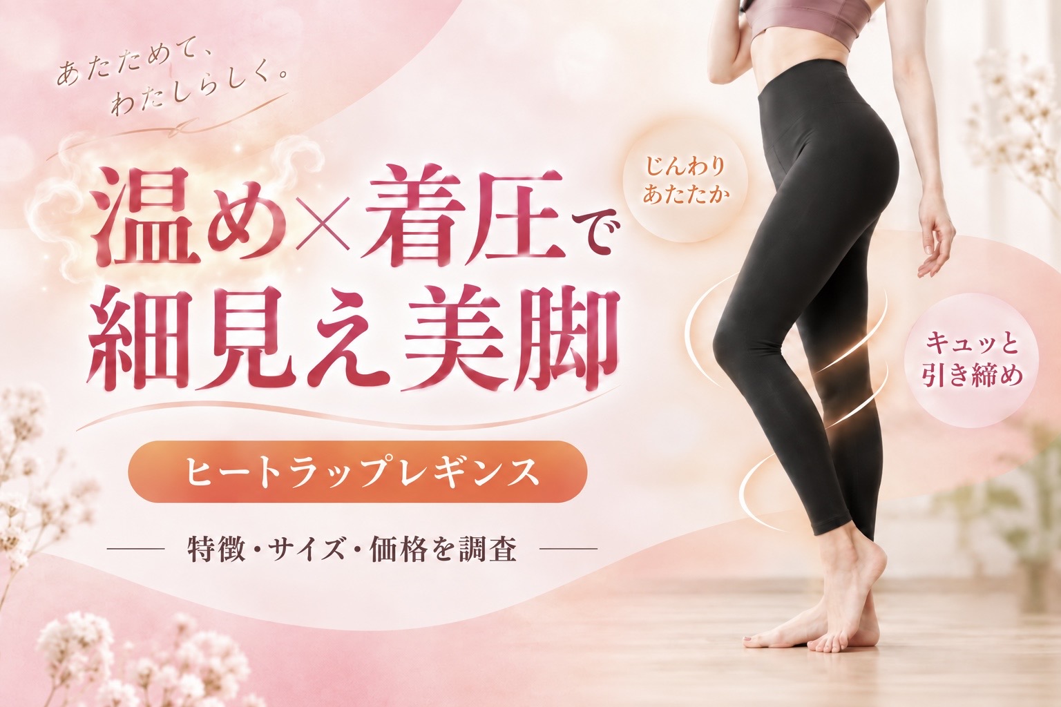黒い着圧レギンスを着用した女性と「温め×着圧で細見え美脚」と書かれたヒートラップレギンスの記事アイキャッチ