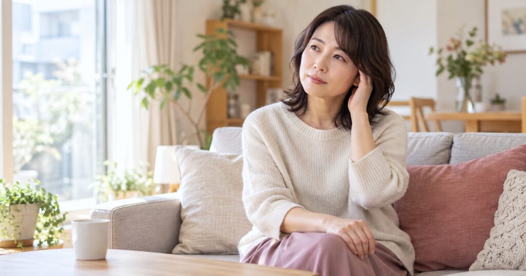明るい部屋で座って耳に手を添える女性
